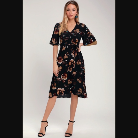 black floral midi dress with sleeves